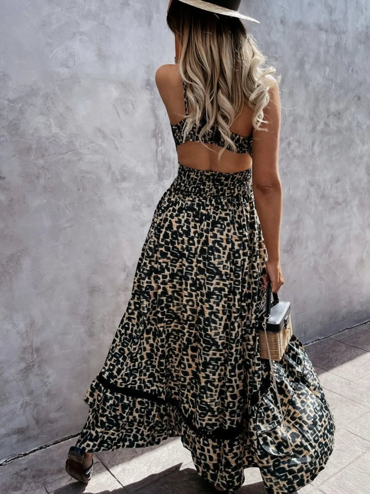 Leopard Print Sleeveless Maxi Dress with Lace Trim