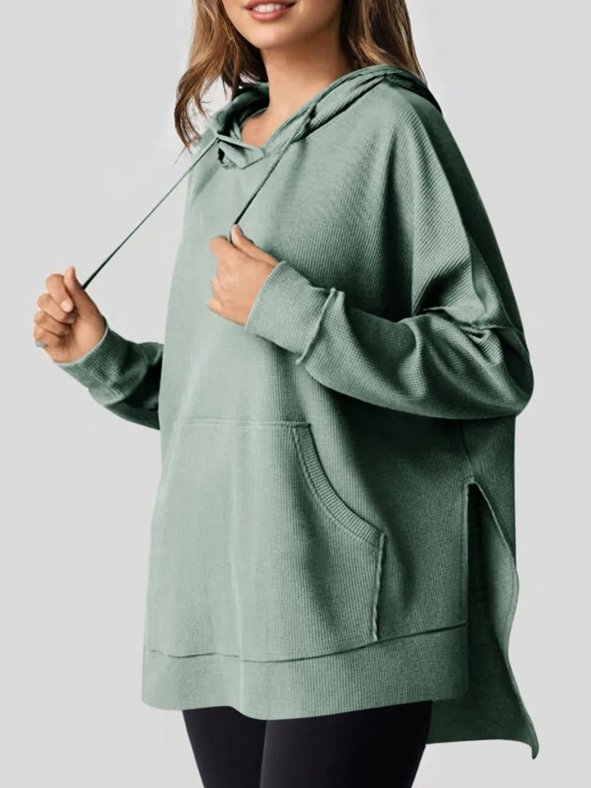 Slit Drawstring Waffle Knit Hoodie