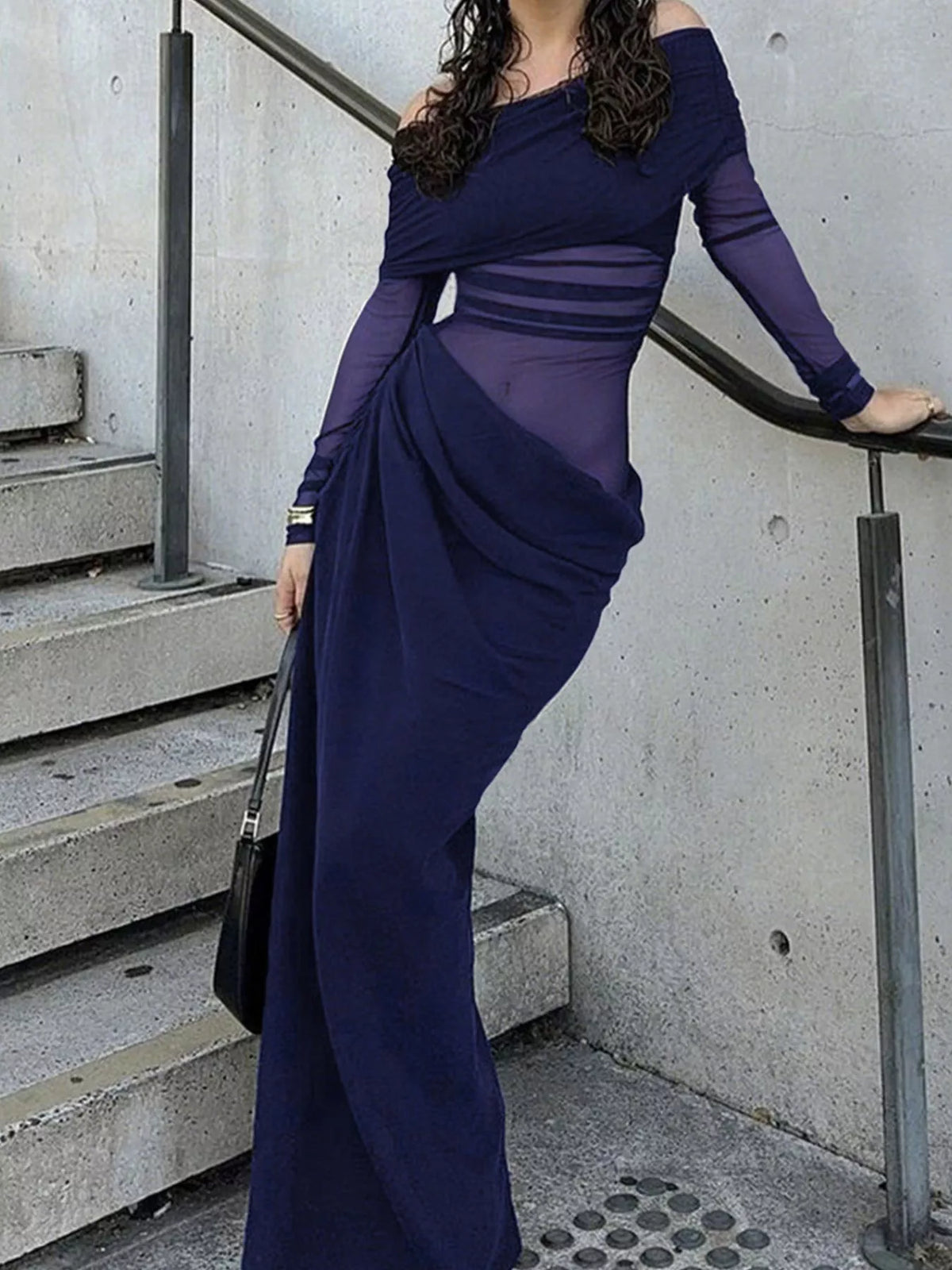 Off-Shoulder Long Sleeve Ruched Bodycon Maxi Dress