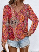Printed V-Neck Long Sleeve Blouse