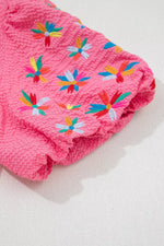 Frilled V Neck Flower Embroidered Puff Sleeve Textured Blouse