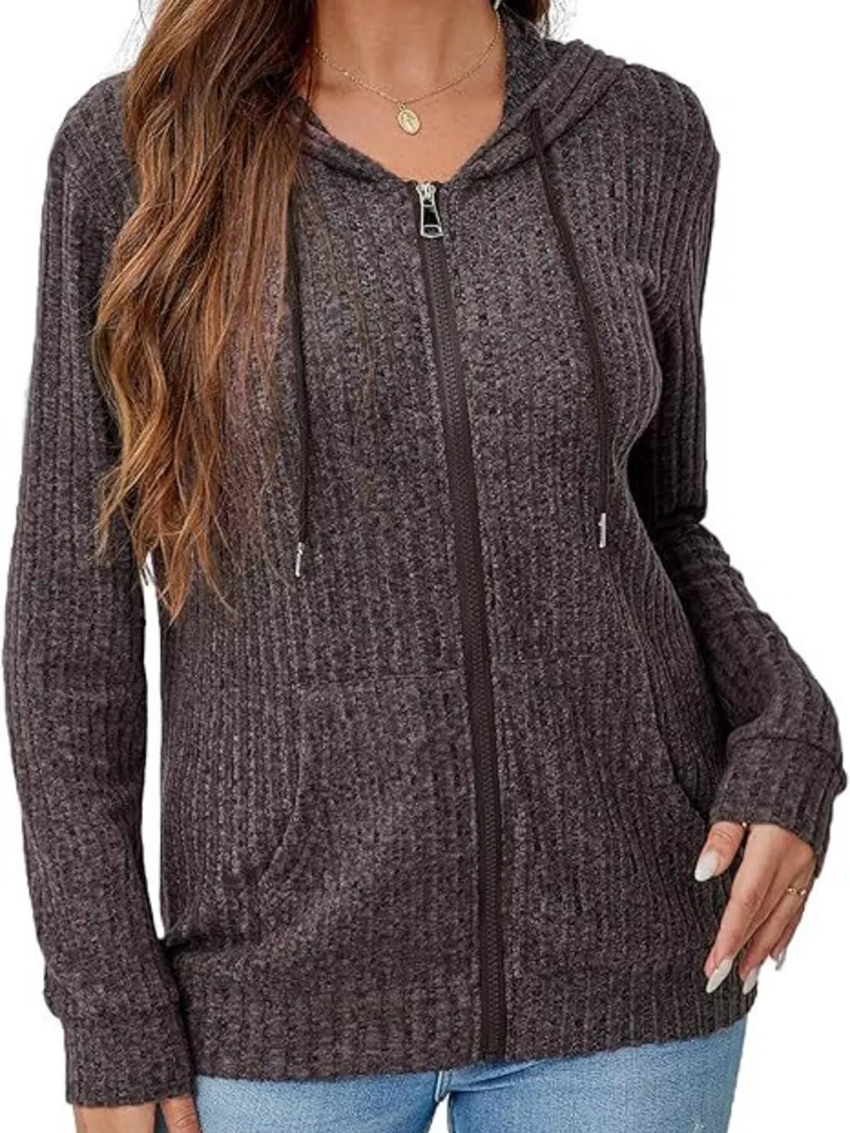 Ribbed Zip Up Hooded Outerwear