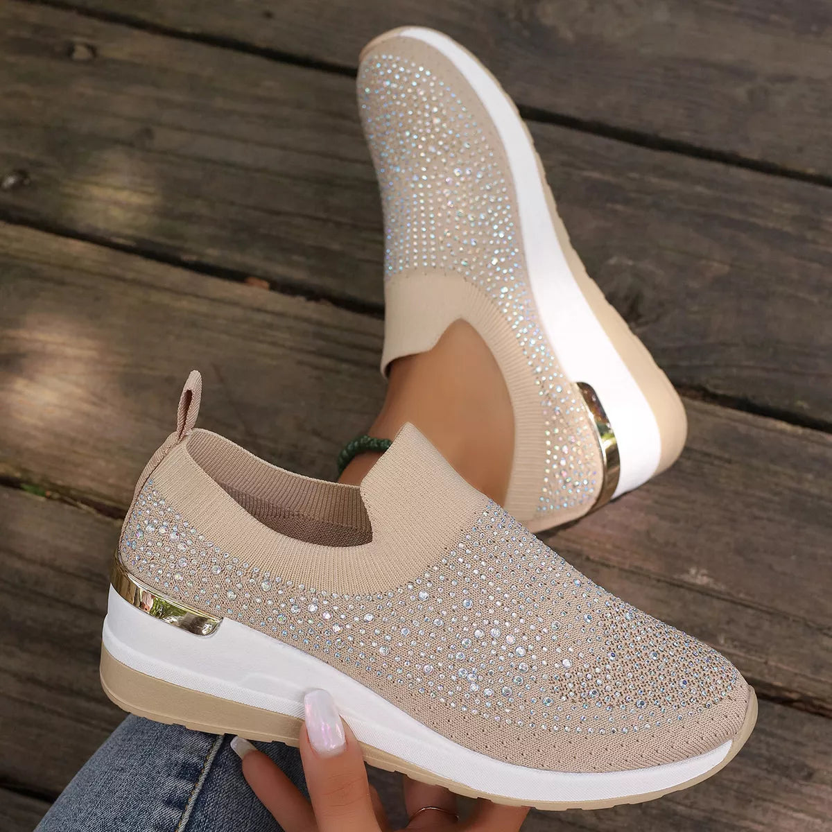 Rhinestone Round Toe Slip-Ons