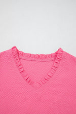 Frilled V Neck Flower Embroidered Puff Sleeve Textured Blouse