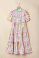 Floral Print Short Puff Sleeve High Waist Tiered Dress