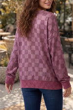 Ribbed Trim Checkered Print Long Sleeve Pullover Top