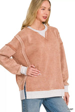 Zenana Fleece Acid Washed Contrast Trim Sweatshirt