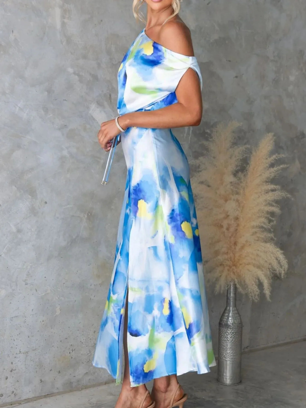 One Shoulder Printed Dress with Slit