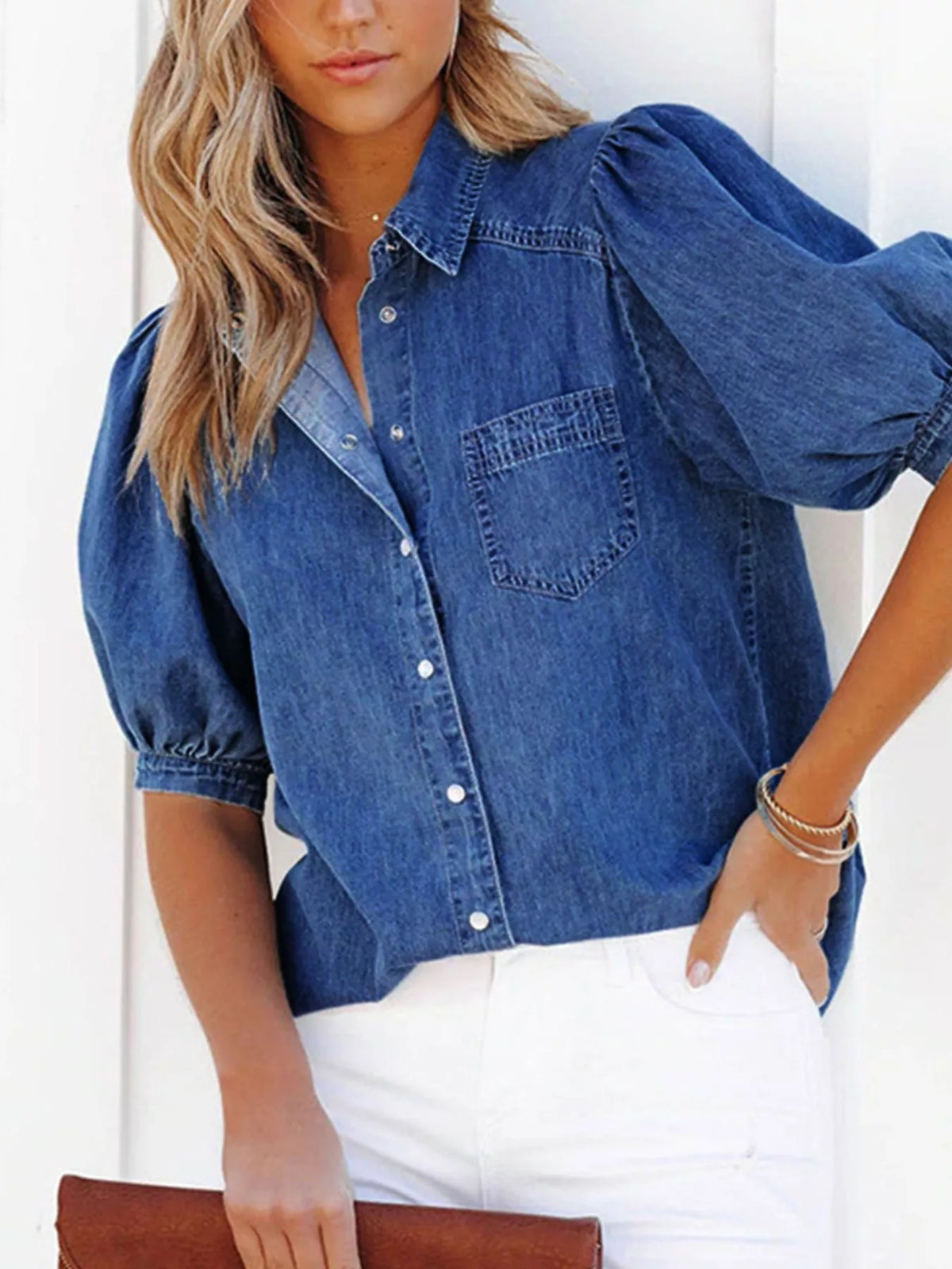 Puff Sleeve Button-Down Denim Top