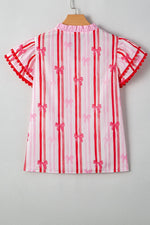 Ric-Rac Trim Ruffled Sleeve Striped Printed Blouse