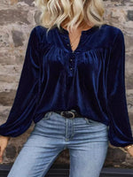 Velvet Notched Long Sleeve Blouse
