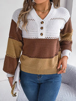 Color Block Striped V-Neck Button Detail Sweater