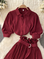 Puff Sleeve Shirt and Pleated Skirt Set