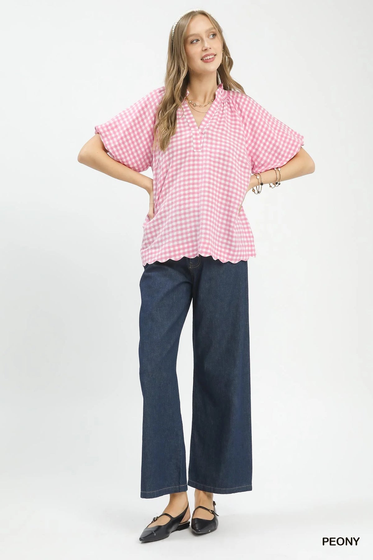 Umgee Gingham Bubble Sleeve Blouse with Scallop Hem