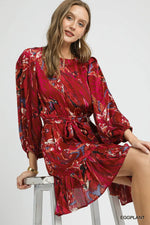 Umgee Ruffled Hem Printed Balloon Sleeve Dress