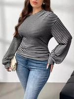 Plus Size Striped One-Shoulder Long Sleeve T-Shirt