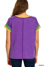 Zenana Mardi Gras Raised Rib Contrast Trim Top