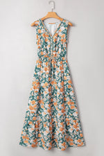 Floral Print Trimmed V Neck Tie Waist Sleeveless Dress
