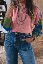 Multicolour Western Colorblock Patchwork Striped Long Sleeve Sweater