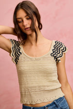 SO ME Wavy Textured Knit Top With Fluttered Sleeves