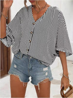V-Neck Striped Batwing Sleeve Casual Blouse