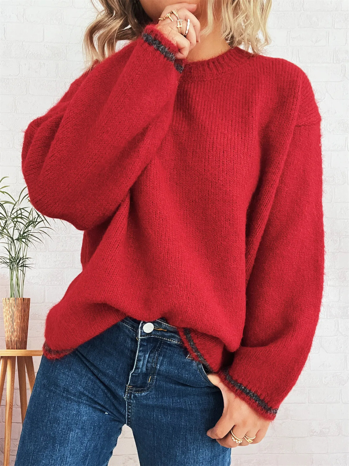 Contrast Trim Round Neck Cozy Sweater