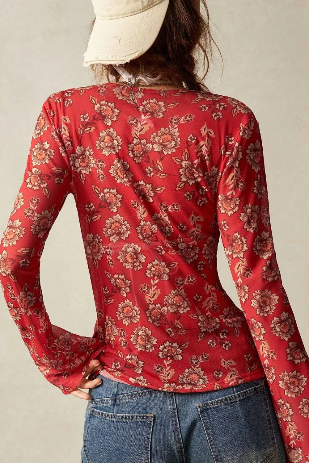 FloralButton-Front Shirt with Bell Sleeves