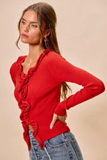 SO ME Cascade Ruffle Ribbed Sweater Cardgian