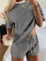 Striped Round Neck Tee and Shorts Set