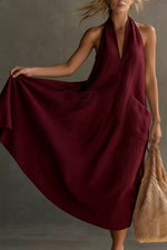 Casual Halter Neck Pocket Midi Dress
