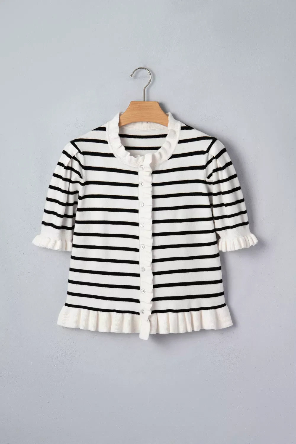 Stripe Ruffle Trim Button Down Knit Short Sleeve Sweater Cardigan