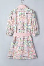 Floral Print Color Block Trim Half Button Belted Mini Dress
