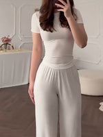 Full Size Round Neck Top and Wide Leg Pants Set Plus Size