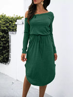 One-Shoulder Long Sleeve Midi Dress with Drawstring Waist