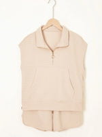 Textured Half Zip Kangaroo Pocket Top and Drawstring Shorts Set