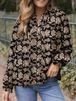 Floral Print Split Neck Pleated Long Sleeve Blouse