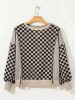 Mixed Checkered Pattern Patchwork High Low Casual Top