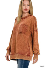 Zenana Acid Wash Raw Edge French Terry Sweatshirt with Front Pocket
