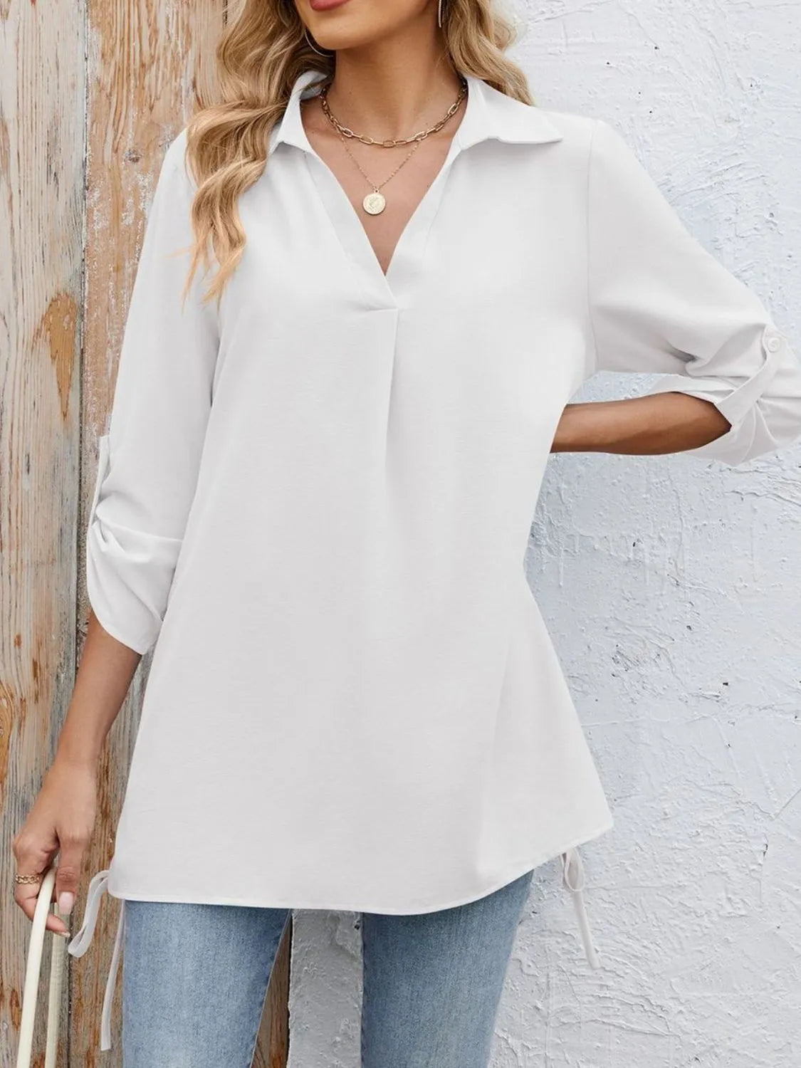 Drawstring Johnny Collared Three-Quarter Sleeve Top