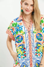 Umgee Mediterranean Print Dress with Contrast Printed Trim