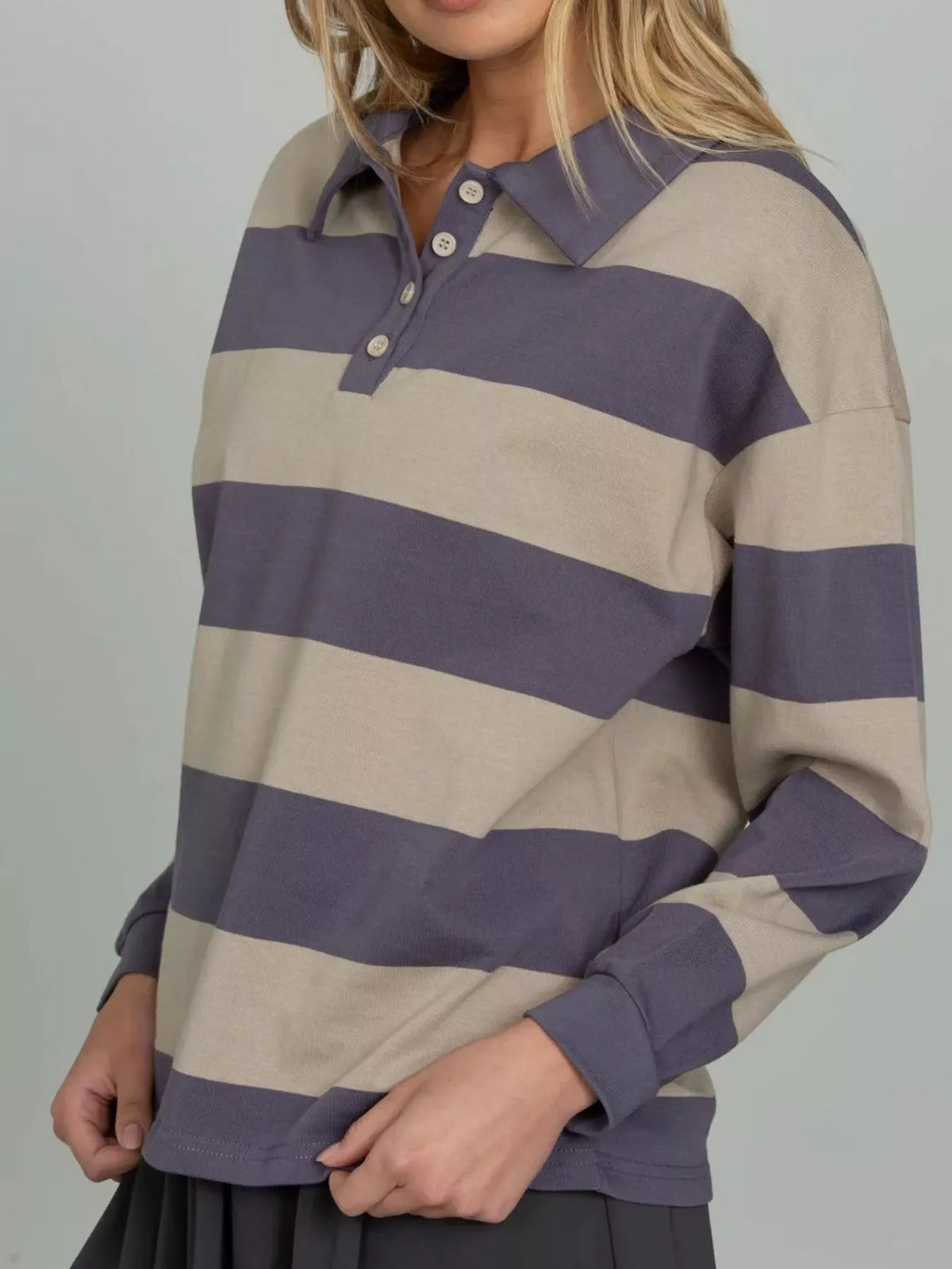 Striped Polo Collar Sweatshirt with Button Details