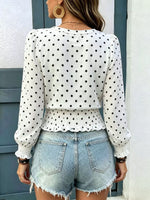 Polka Dot V-Neck Smocked Blouse