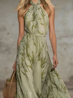 Leaf Print Sleeveless Chiffon Maxi Dress