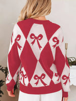 Bow Print 2-Tone Rhombus Knit Loose Sweater