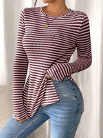Slit Striped Long Sleeve Casual T-Shirt