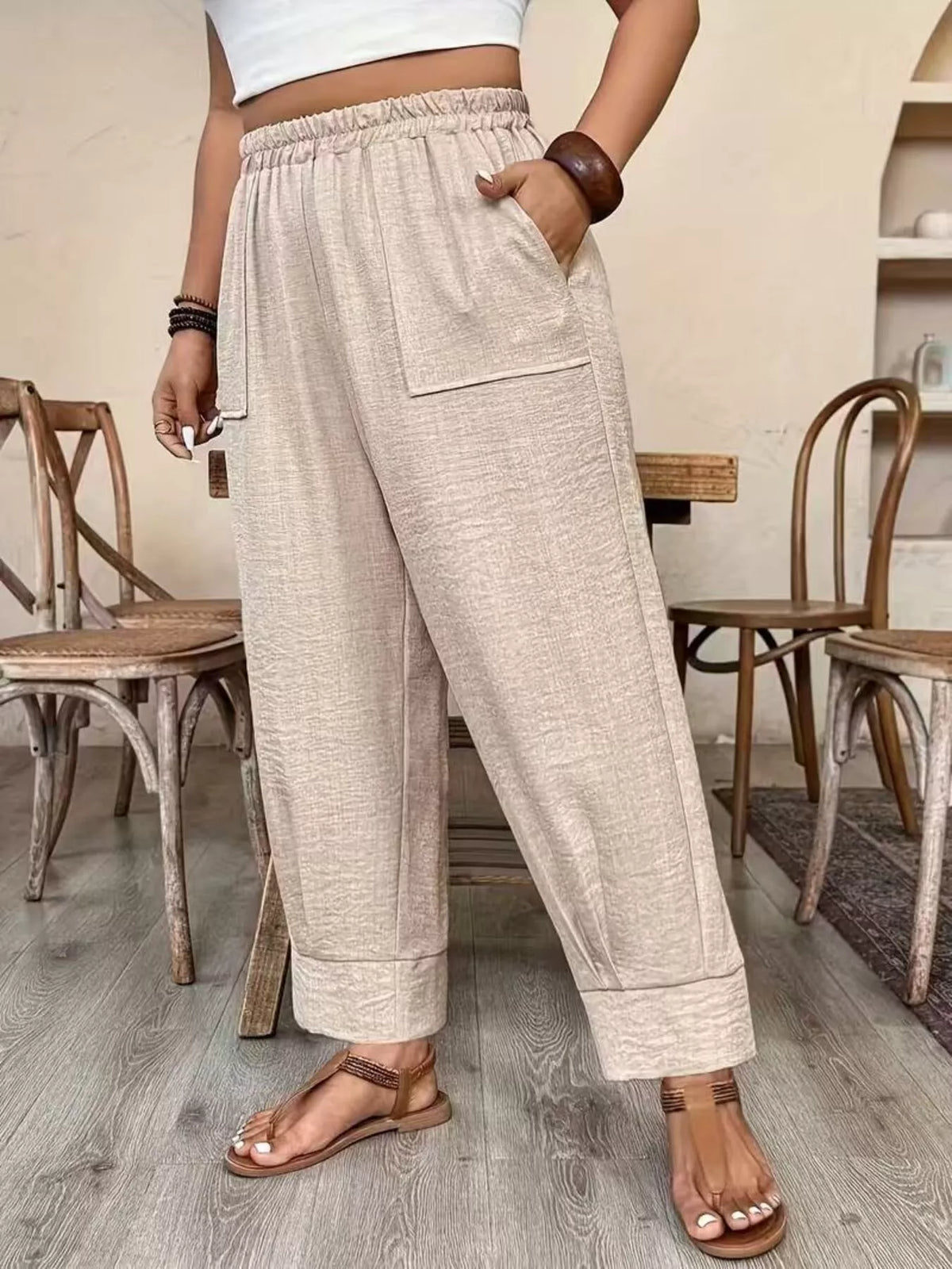 Plus Size High-Waisted Elastic Waist Pants with Pockets