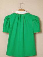 Ricrac Trim Color Block Patchwork Shirt Collar Short Sleeve Blouse
