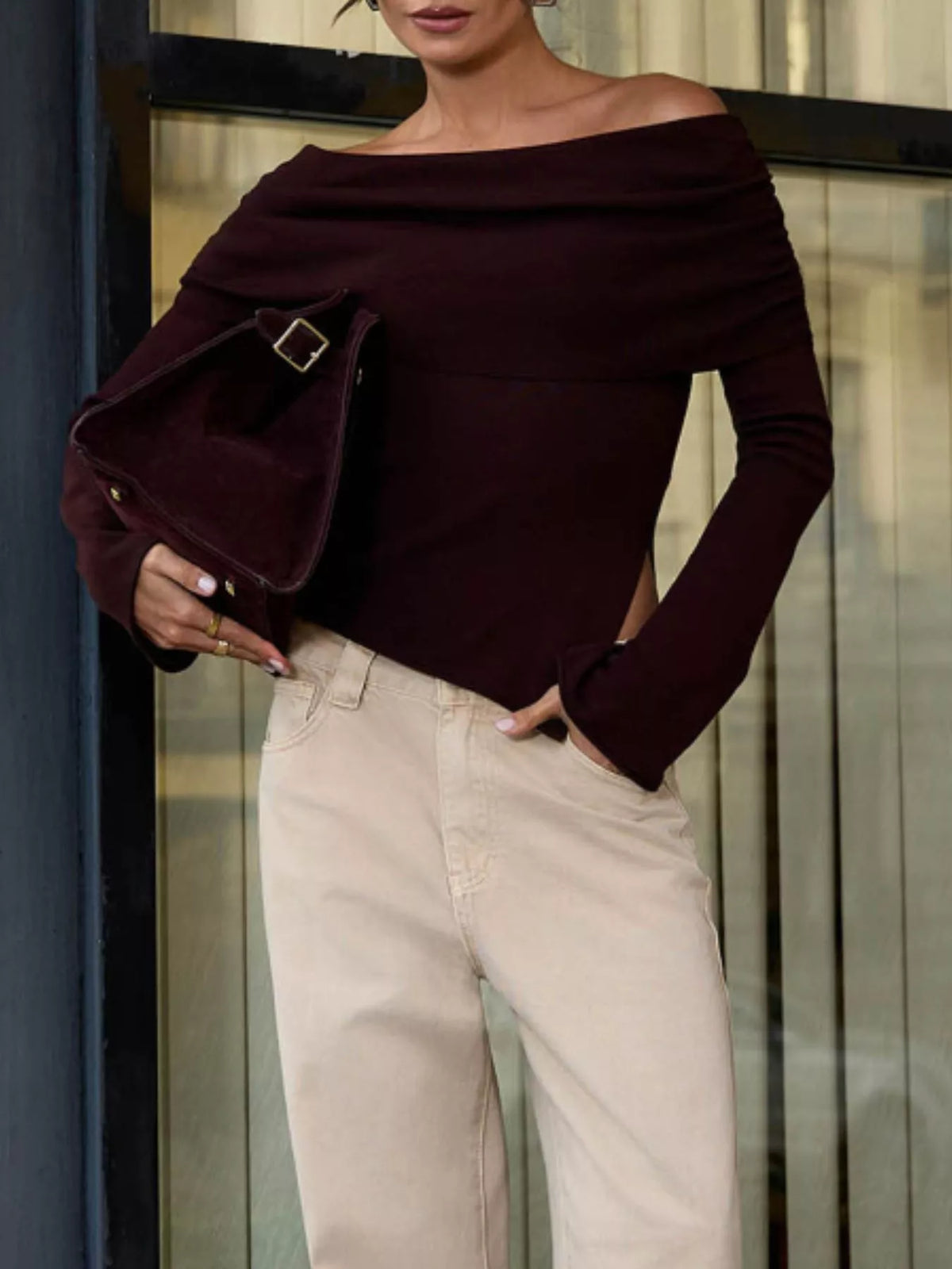 Asymmetrical Hem Off-Shoulder Long Sleeve Knit Top