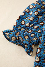 Floral Print V Neck Pleated Detail Short Puff Sleeve Blouse