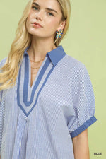 Umgee Contrast Trim Popover Stripe Top